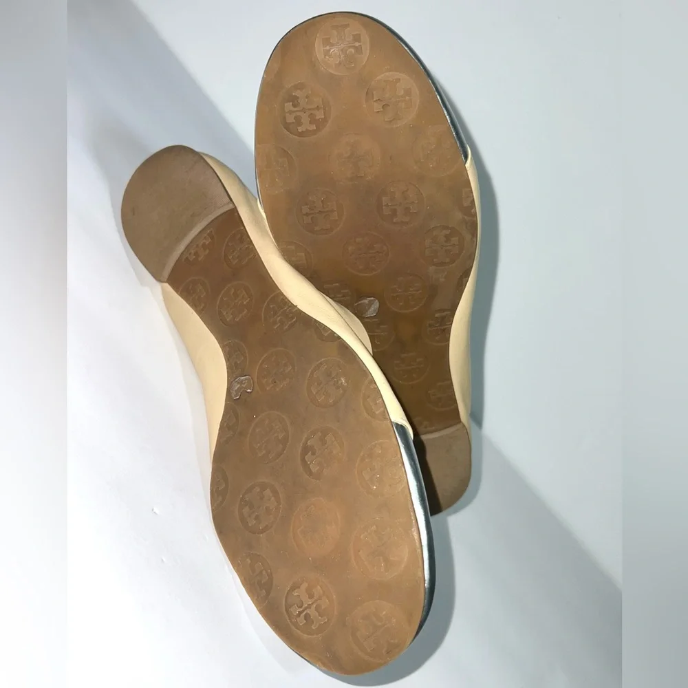 Tory Burch Serena Sz 9 Two Toned Silver Metallic Cap Toe Beige‎ Reva Flats